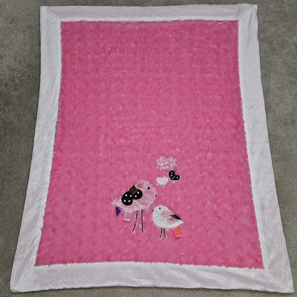 Pink Birds Hearts Tags Fleece Baby Blanket Lovey SOFT Manhattan Toy Co 118620